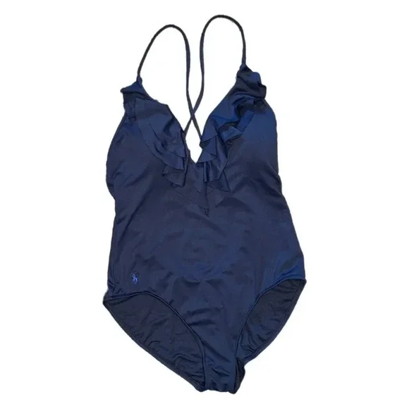 Polo Ralph Lauren Swimsuit Size Large Navy Blue One Piece Scoop Back Ruffle Pony - Picture 2 of 16